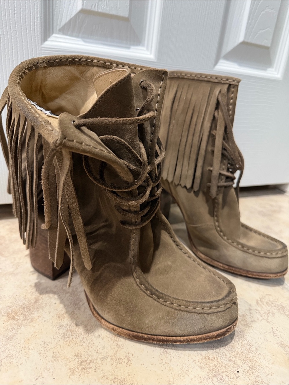 Frye Parker  Suede Fringe Lace-Up Block Heel Bootie